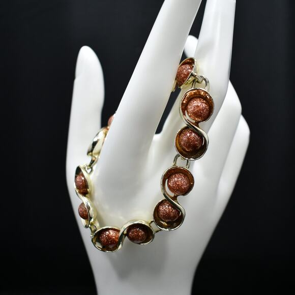 Vintage Lucite Faux Goldstone Bracelet, Gold Tone, 1960s Jewelry - Picture 1 of 10